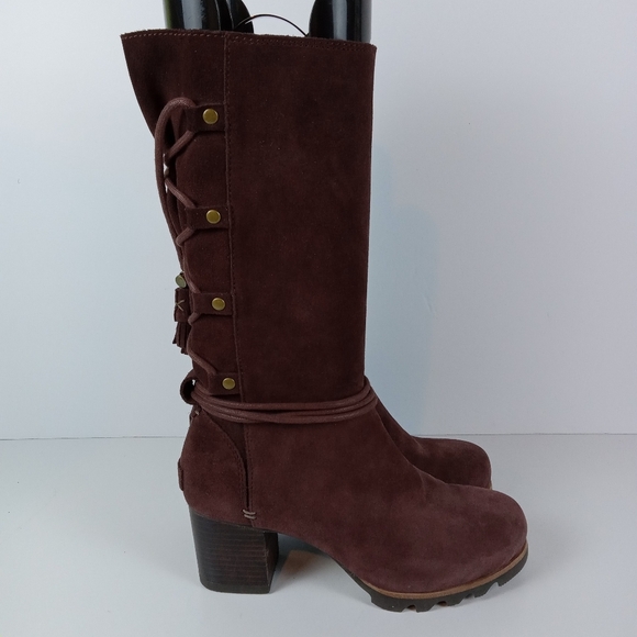 Sorel Farah Boots Womens 7 Burgundy Suede Leather Mid-Calf Casual Tassel Lace-up - Picture 2 of 9